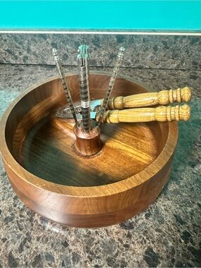 Vintage Wooden Vermillion Walnut Wood Nut Bowl with Nutcracker
